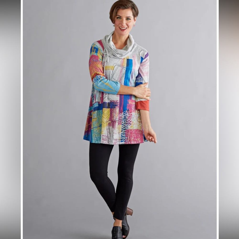 Et Lois Art to Wear Cowl Neck Pullover 1X Gray Colorful